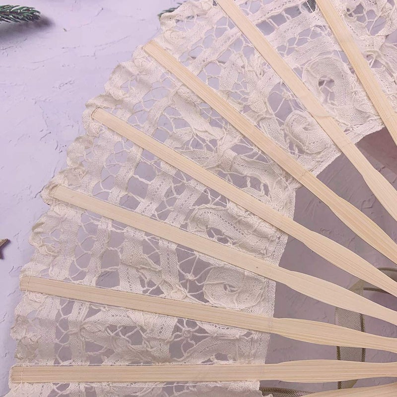 Propupy Folding Hand Fan,Womens Lace Fan Elegant Cotton Fans Handmade Vintage Retro Fans with Bamboo Staves and Silk Tassels for Wedding Bridal Shower Dancing Party - Image 5